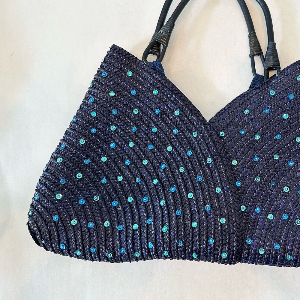 RAFFIA Woven UNIQUE Shape & Colour Navy Sequins Cane Handle EUC 18”W